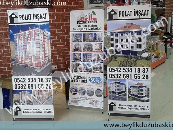 izsiz yapi, delta emlak, polat insaat gibi emlak firmalarina display baskisi, Samsun display baskilari, Emlak ofisleri ve arsa ofislarine projelerini ofis iclerinde sergilemek ve teshir urunu olarak duzenlenen tasarimi firmamizca yapilan banner display uygulamalrimizdir.