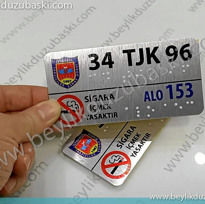 taksi için, kabartma harf, braille alfabesi, körler alfabesi, metal plaka, arkası yapışkanlı, kapılar ve torpido için