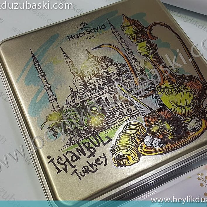 metal kutu üzerine baskı, uv ile metal kutuya baskı, hacı sayid için yapılan, demo tasarım baskıları, örneğimizdir, metal üzerine renkli baskı