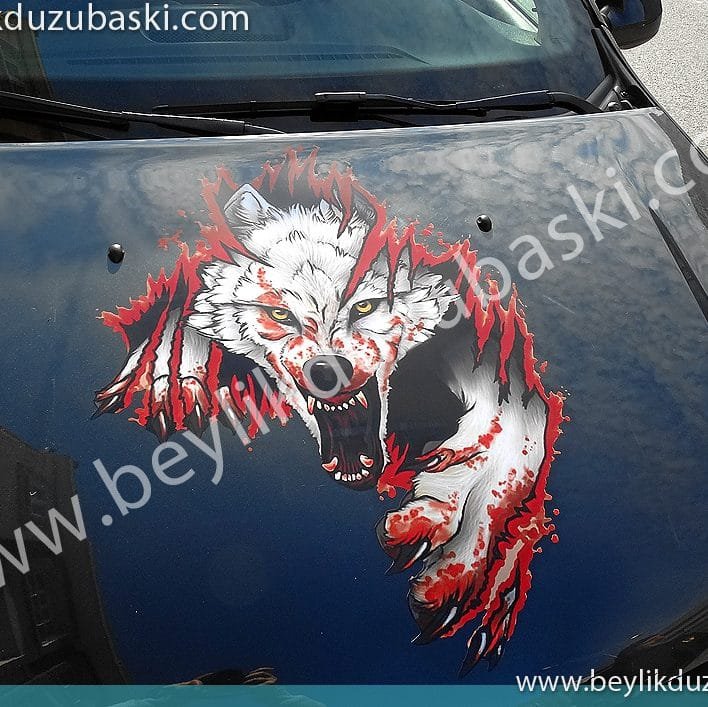 araç ön kaput üzerine, kaputu yırtıp çıkan, kurt baskısı, kaliteli ve dayanıklı baskı, transfer bandıyla birlikte aynı gün gönderim yapılabilir