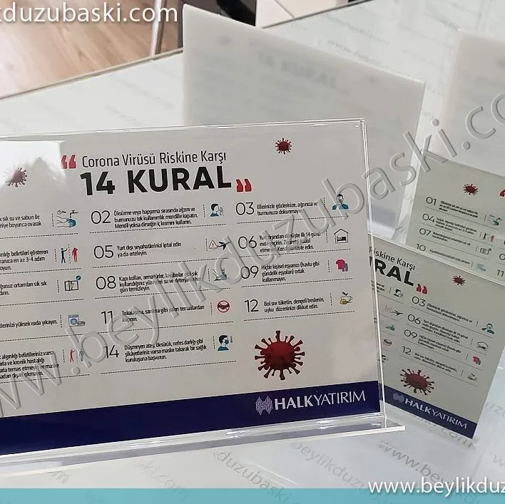 14 kural, masa üzeri, pleksi içine geçme, masa isimliği, masa üstü T broşürlük, covid, virüs, önlem, masa standı, broşürlük
