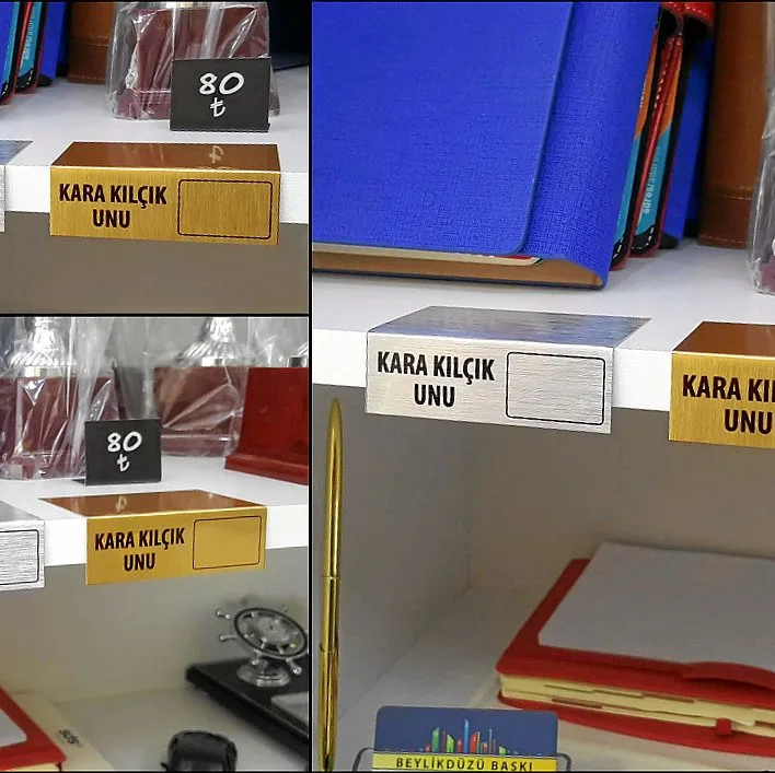 fiyat yazmak için raflara metal etiket üretimi, metal raf etiketi, altın ve gümüş fiyat etiketi, teşhir ürünleri için raf etiketi