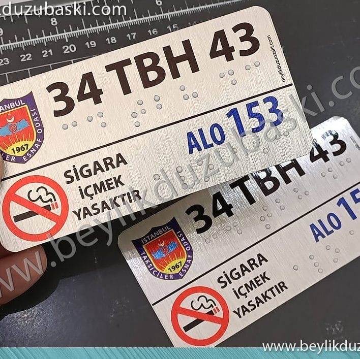 taksi için körler alfabesi, az adet üretim mümkün, aynı gün kargo gönderimi yapılır, körler için yönetmeliğe uygun taksi plakası, taksi içi körler alfabesi baskılı metal plaka