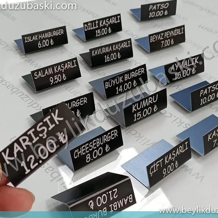 vitrin için fiyat yazılı, metal fiyatlık, ürün yanına fiyat konulması için yapılan, fiyatlı metal plaka, acil plaka, aynı gün kargo, ürün ismi ve fiyatı yazılı, metal plaka üretimi