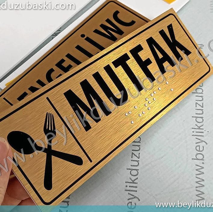matal kapı tabelası, dekoratif, alüminyum, sarı pirinç görünümlü, kapı tabelası, Braille alfabesi, körler alfabesi, kapı yönlendirme, ama kapı isimliği, tabelası