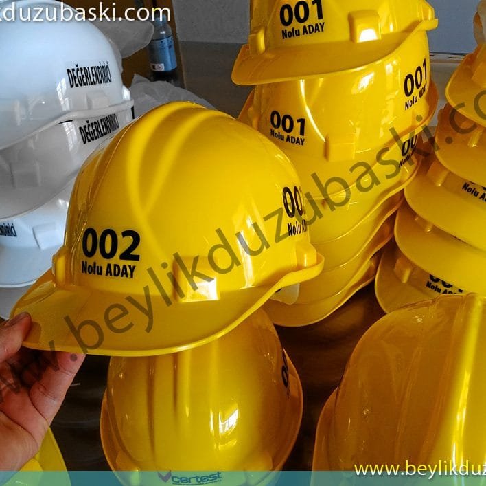 Baret baskı, baret üzerine numara baskı, sıra numaralı baret, logo ve isim baskılı baret, acil baskılı baret, baret ve baskı dahil, hızlı üretim