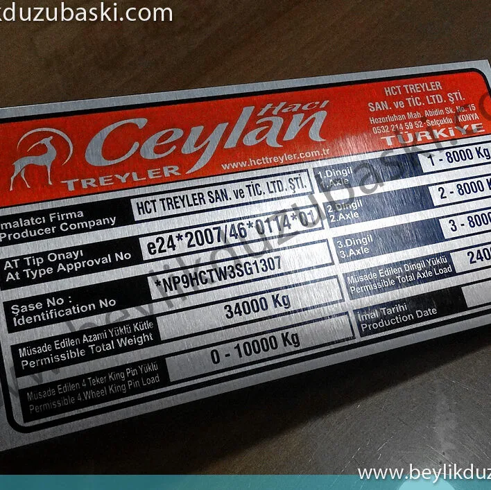treyler için, metal etiket baskısı, ceylan treyler metal plaka, kamyon ve taşıyıcı araçlara, metal tanırım tabela baskısı, aynı gün teslim, tasarım desteği, az adet üretim