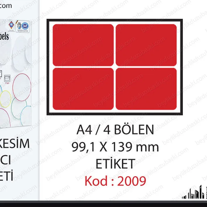 Etiket kod 2009, A4 ü 4 e bölen etiket, baskısız, boş etiket, ucuz etiket, paket etiket, 100 lük paket, beylikdüzü kırtasiye ürünü