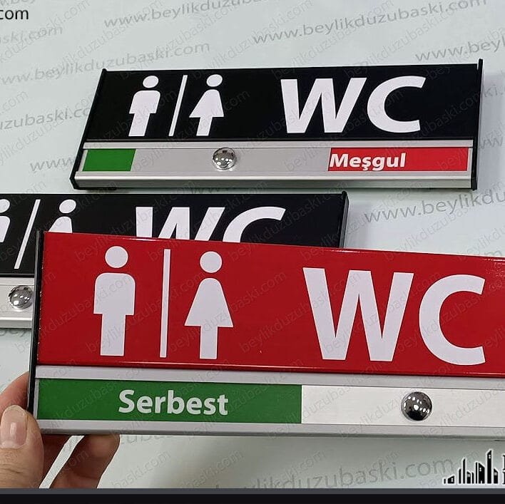 WC sürgülü, serbest meşgul, kapı tabelası, renklendirilmiş kapı isimliği, toplantı odası, kapı tabelası, alüminyum, kaliteli kapı tabelası