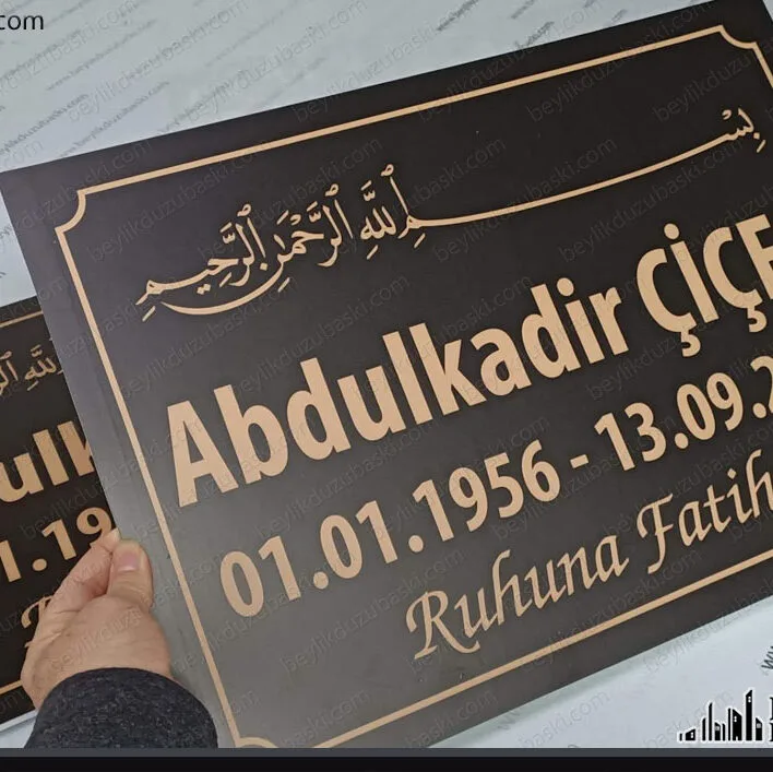 mezar taşı üzerine, baskılı, 5 mm plastik tabela, dış mekan dayanıklı, kaliteli plastik ürün, ruhuna fatiha, mezar tabela