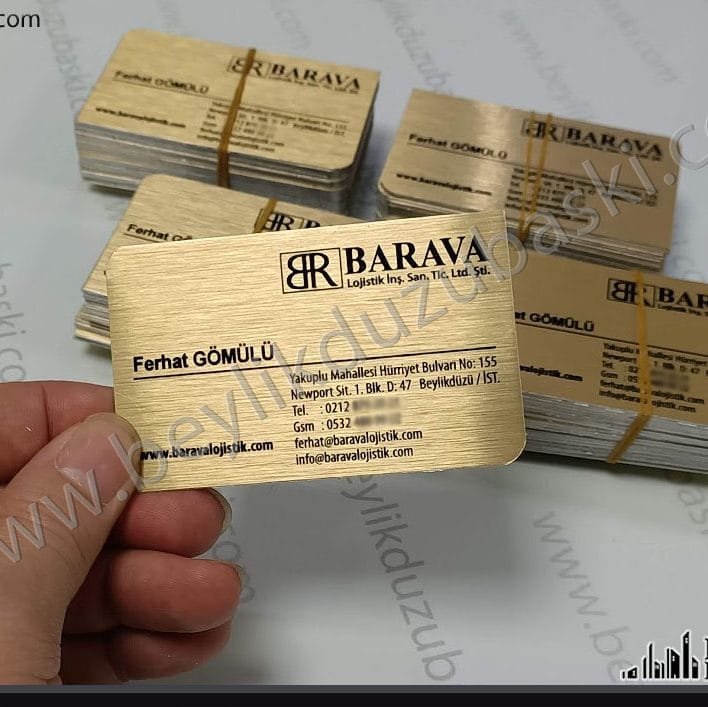 Metal kartvizit, altın rengi, köşeler oval, metal kart, kaliteli kartvizit, ön arka baskılı, az adet üretim mümkün, aynı gün kargo, tasarım desteği