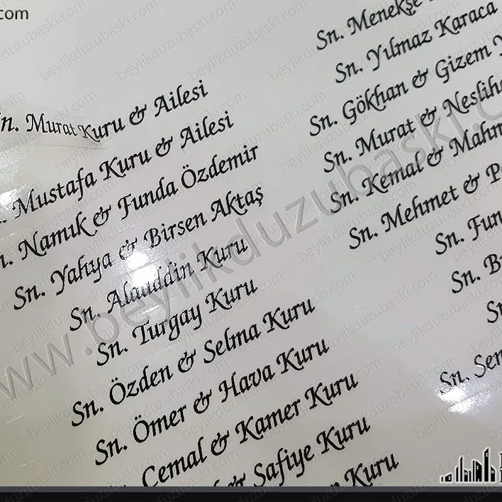 davetiyeler için, şeffaf etiket baskı, tek tek etiket isim baskılı ürün, istenilen ebat ve karakter basılır, tasarım desteği verilir, şeffaf davetiye isim etiketi