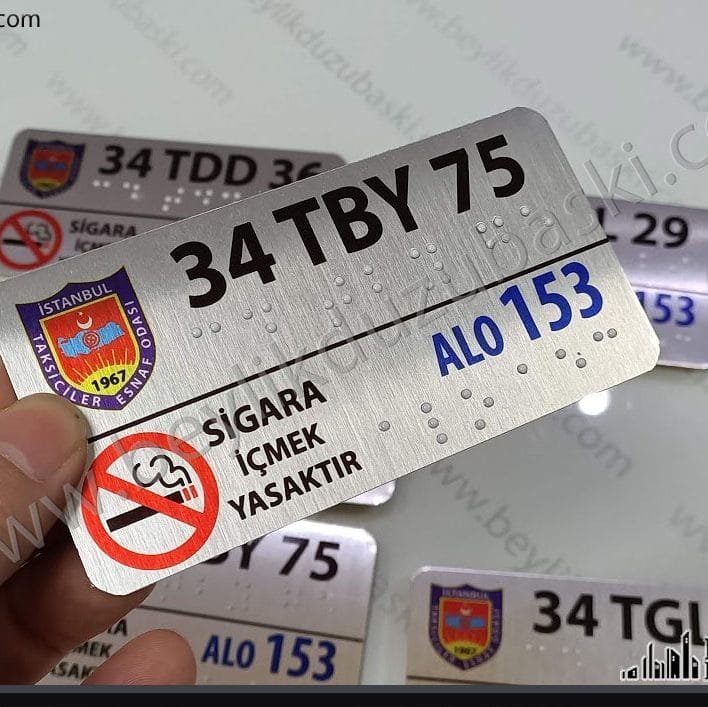 taksiler için, kabartma harf, ama alfabesi, körler alfabesi, görme engelliler alfabe baskısı, trafik yönetmeliğine uygun kabartma plaka baskı