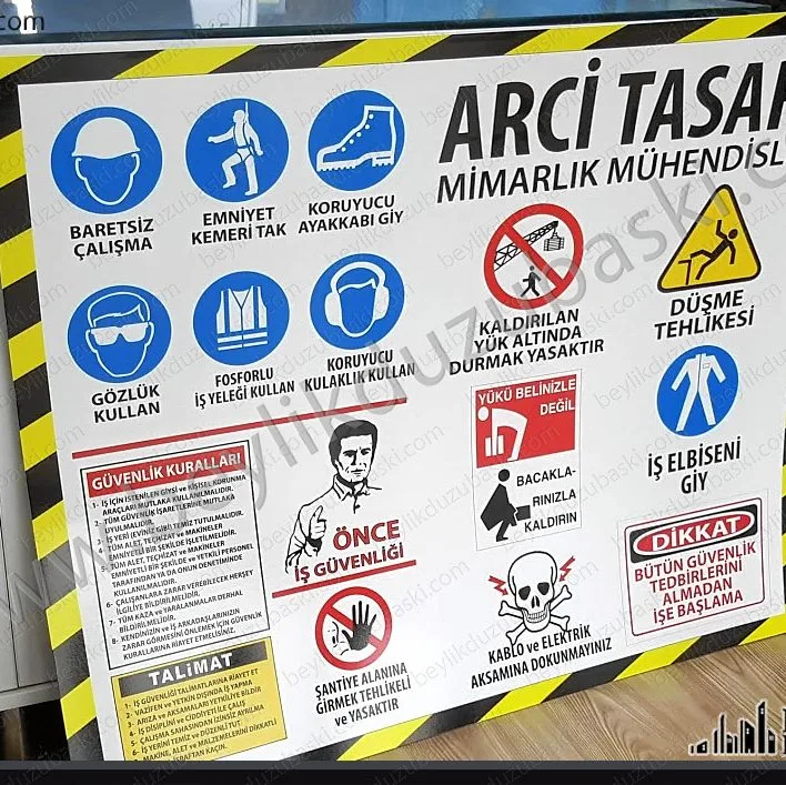 şantiye tabelası, inşaat giriş alanına tabela, güvenlik tabelası, iş güvenlik tabelası, toplu tabela, uyarı levhası imalatı, istenilen ebat üretilir, 1x1 m için verilen fiyat, adet ve ebada göre fiyat alınız