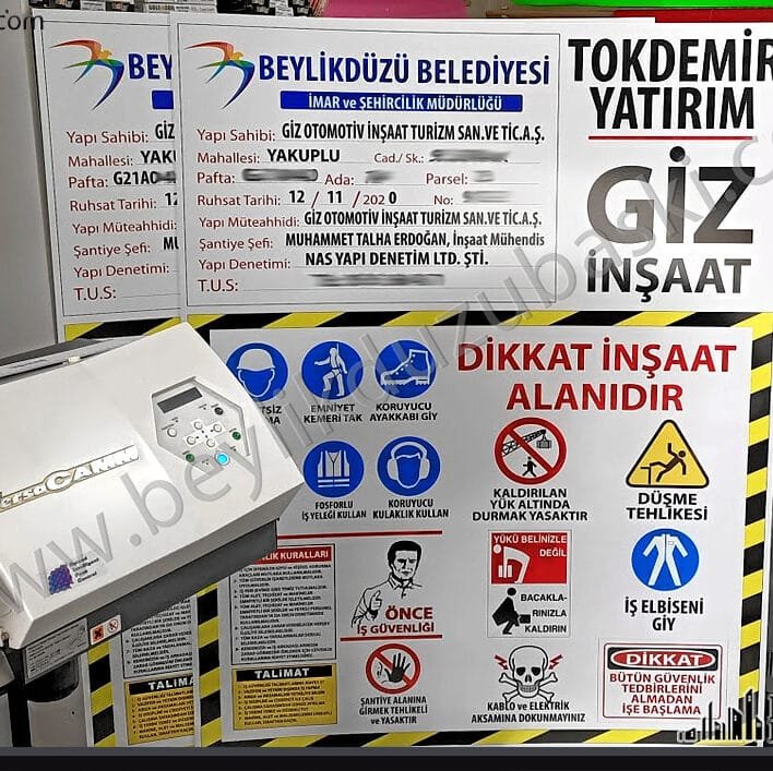 şantiye tabelası, inşaat için tabela baskı, kaliteli uyarı levhası, hızlı üretim, tasarım desteği, güvenlik uyarı levhaları, imalat