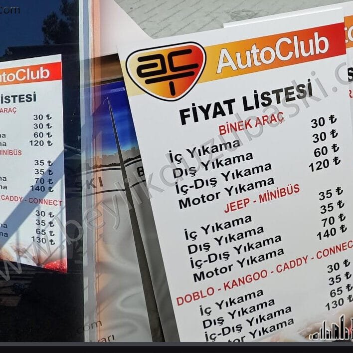 5 mm tabela şeklinde fiyat listesi baskı, iç ve dış mekanda tabela, fiyatların yazılı olduğu tabela örneğidir, 5mm plastik malzeme kullanılmıştır, yüksek dayanımlı, kaliteli tabela