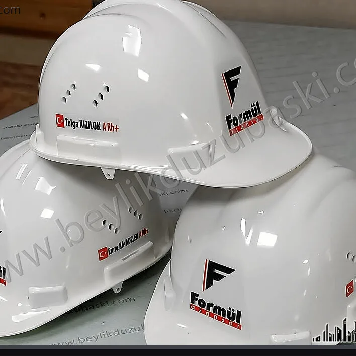 Baret baskısı, baskılı baret, etiket baskılı baret, dış mekan dayanıklı etiket baskılı baret, kan grubu, logo ve isim baskılı baret, inşaat bareti, baskı dahil baret dahil ürün