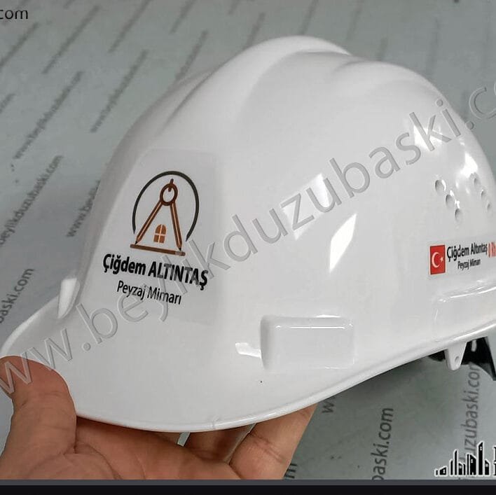 baskılı baret, 1 adet baret dahi yapılmaktadır, önüne logo, yan yüzeylere, isim bayrak ve kan grubu yazılır, adetli ürünler için fiyat alınız