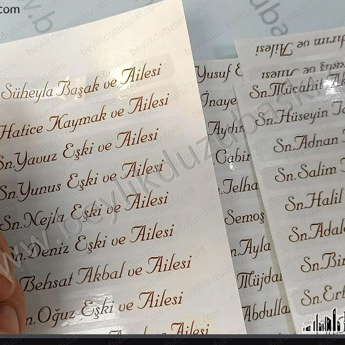 Davetiye için şeffaf etiket baskı, davetli listesi zarf üzerine, şeffaf etiket baskısı, kaliteli baskı, hızlı üretim, aynı gün kargo, zarf üzerine isim baskı, şeffaf etiket üretimi