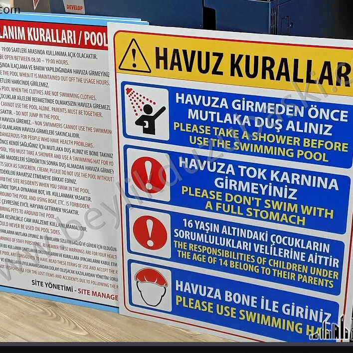 havuz kuralları, tabela havuz kuralları baskı, hızlı üretim, aynı gün teslim, kaliteli baskı, 70x100 cm ebadında havuz kuralı, 5 mm dekota, tabela