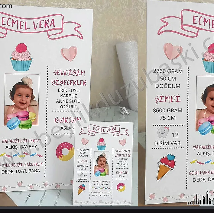 Bebek doğum günü için, afiş, ayaklı poster ve masa üzeri ayaklı standa baskısı, tasarım desteği vardır