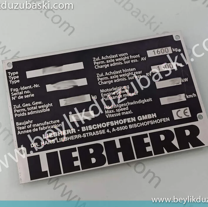 liebherr metal machine tag, erased worn metal plate printing, machine serial number tag, black metal 30 years durability