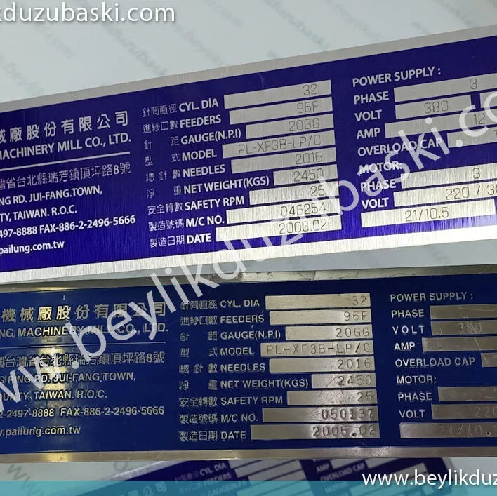 pai lung machinery, metal etiket, örme makinaları, makine tanıtım etiketi, kaliteli baskı, aslına uygun ürün, deforme olmuş, yıpranmış, okunmayan makine etiketi baskıları