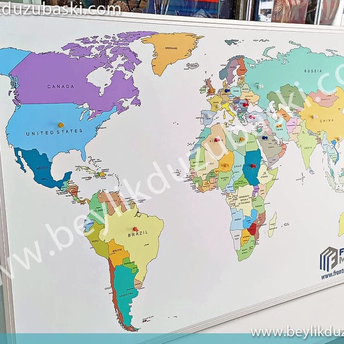 renkli dünya harita baskı, mıknatıslı işaretleme yapılan, manyetik dünya haritası, metal harita, çerçeveli harita, sağlam kaliteli, mıknatıslı metal dünya haritası