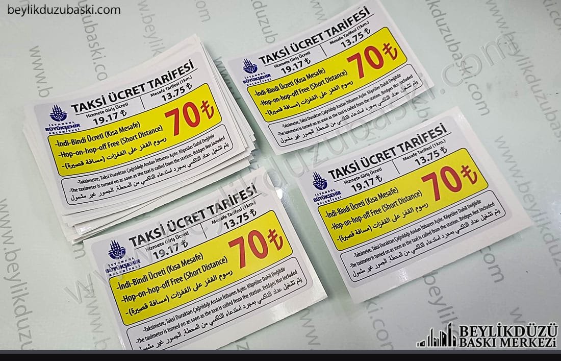 2023 taksi ücret tarife etiketi, taksi için etiket baskısı, dış mekan dayanıklı 2022 - 2023 yılı Ukome Taksi ücret tarifelerine göre hazırlanmış, taksi ücret tarife etiketi, suya silinmeye, dış mekan, güneşe dayanıklı taksi tarife etiketi
