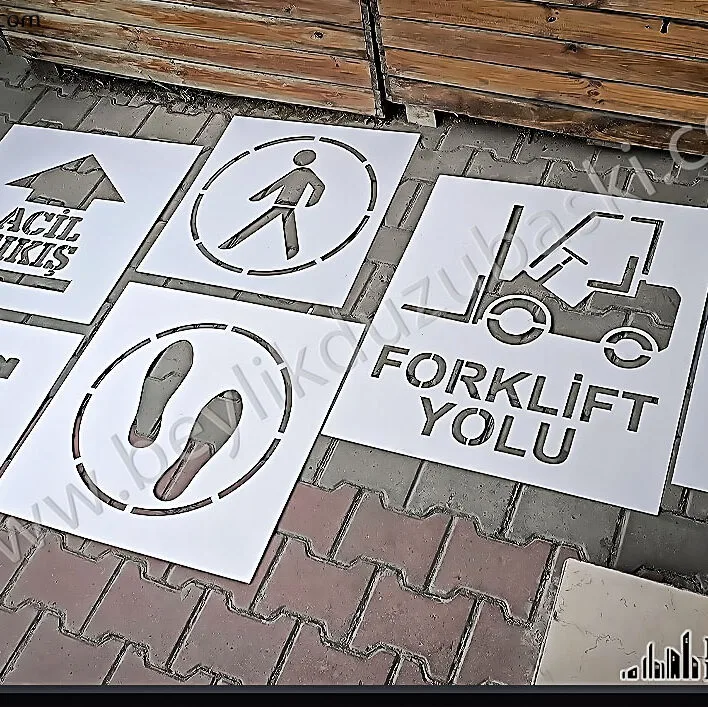 Fabrika içlerinde yönlendirme için, boyama şablon üretimi, forklift şablon, yaya yolu şablon, acil çıkış şablon, vinç şablon, yangın söndürme şablon, boyama şablon kesimi, plastik malzeme, aynı gün gönderim, tasarım desteği 
