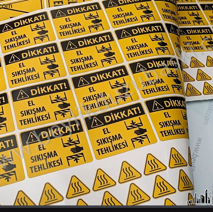 makine etiketi folyo, el sıkışma tehlikesi, sıcak yüzey etiketi, makineler için, dayanıklı güvenlik etiketleri, kaliteli etiket baskısı, makina imalat etiket baskısı, iş güvenliği etiketi baskısı