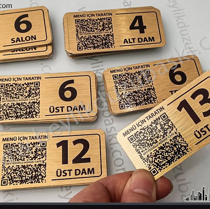 QR masa üzeri barkod etiket, QR metal etiket, kaliteli metal etiket, QR kod restoran etiketi, kafe masa etiketi, qr menü etiket imalat