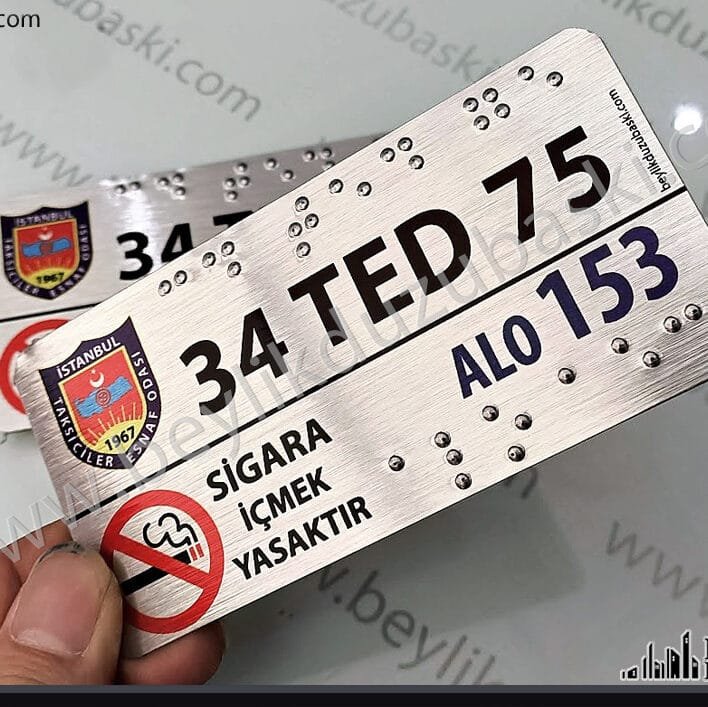 Taksi görme engelli plakası, taksi için yönetmeliğe uygun plaka baskı, Braille alfabe plaka baskı, aynı gün gönderim, tasarım desteği, taksi kabartma plaka baskı, görme engelli tabela, taksi için mecburi tabela, yönetmeliğe uygun, kaliteli taksi plakası