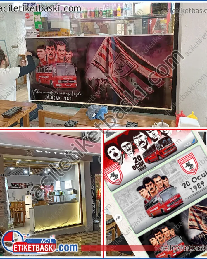 samsun cam giydirme, esnaf vitrin cam baskısı, dükkan ön cam baskısı, tasarımı, eski hali, uygulanmış hali ektedir, samsun baskı merkezi, samsun futbol için cam vitrin tasarım baskı uygulama örneği