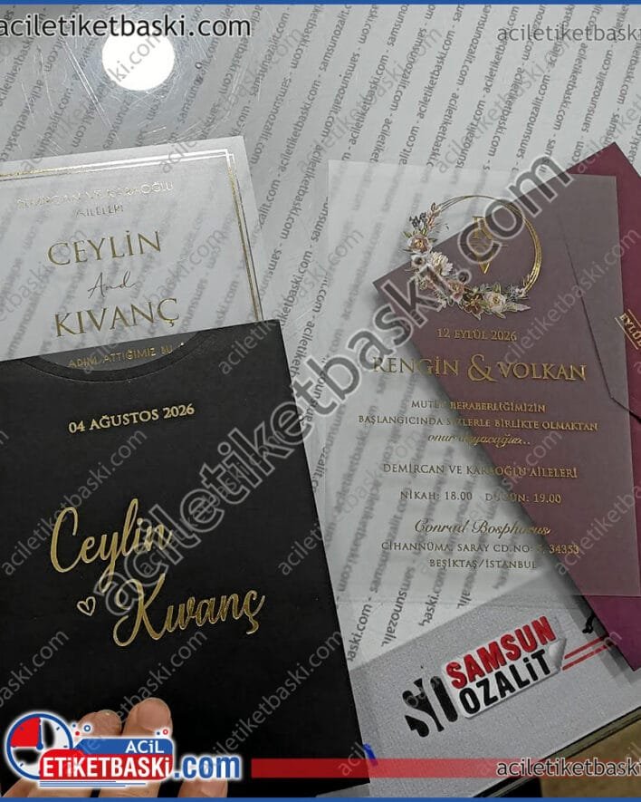 Samsun davetiye, şeffaf kalın asetat, üzerine altın ve gümüş renklerde, baskı yapılmıştır, matbaa baskısı olup, basım süresi uzundur, acil davetiye baskılarımız da vardır, samsun, davetiye baskı merkezi, samsun düğün davetiyesi, samsun açılış davetiye, samsun sünnet davetiye, samsun nişan davetiyesi, kataloglar, özel tasarım davetiye, hazır katalog davetiye ürünleri