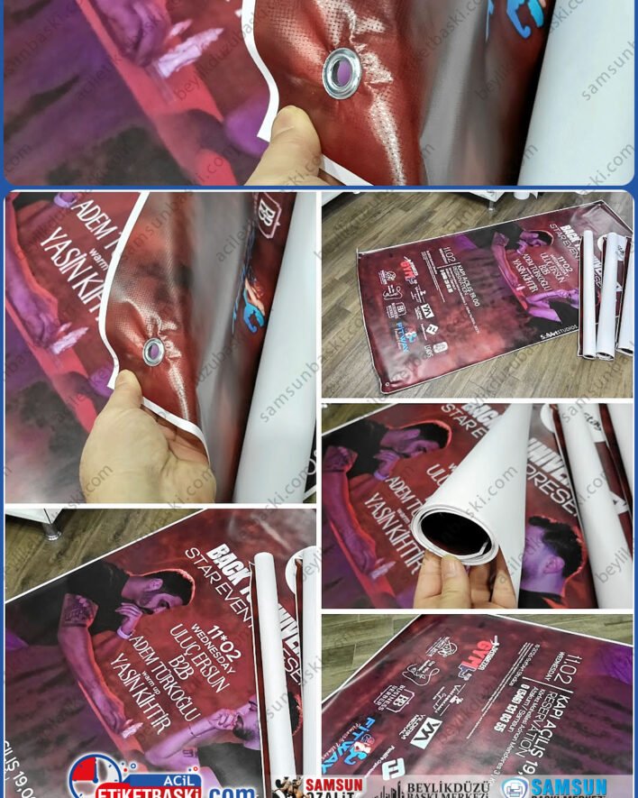 Afiş baskı, branda baskı, poster baskı, kenarları halkalı, kuşgözü, avrupa malzeme, kaliteli, dış mekan dayanıklı, hızlı üretim, vinil branda baskı, samsun baskı merkezi, samsun, afiş, poster, branda, kağıt baskıları, acil baskı merkezi